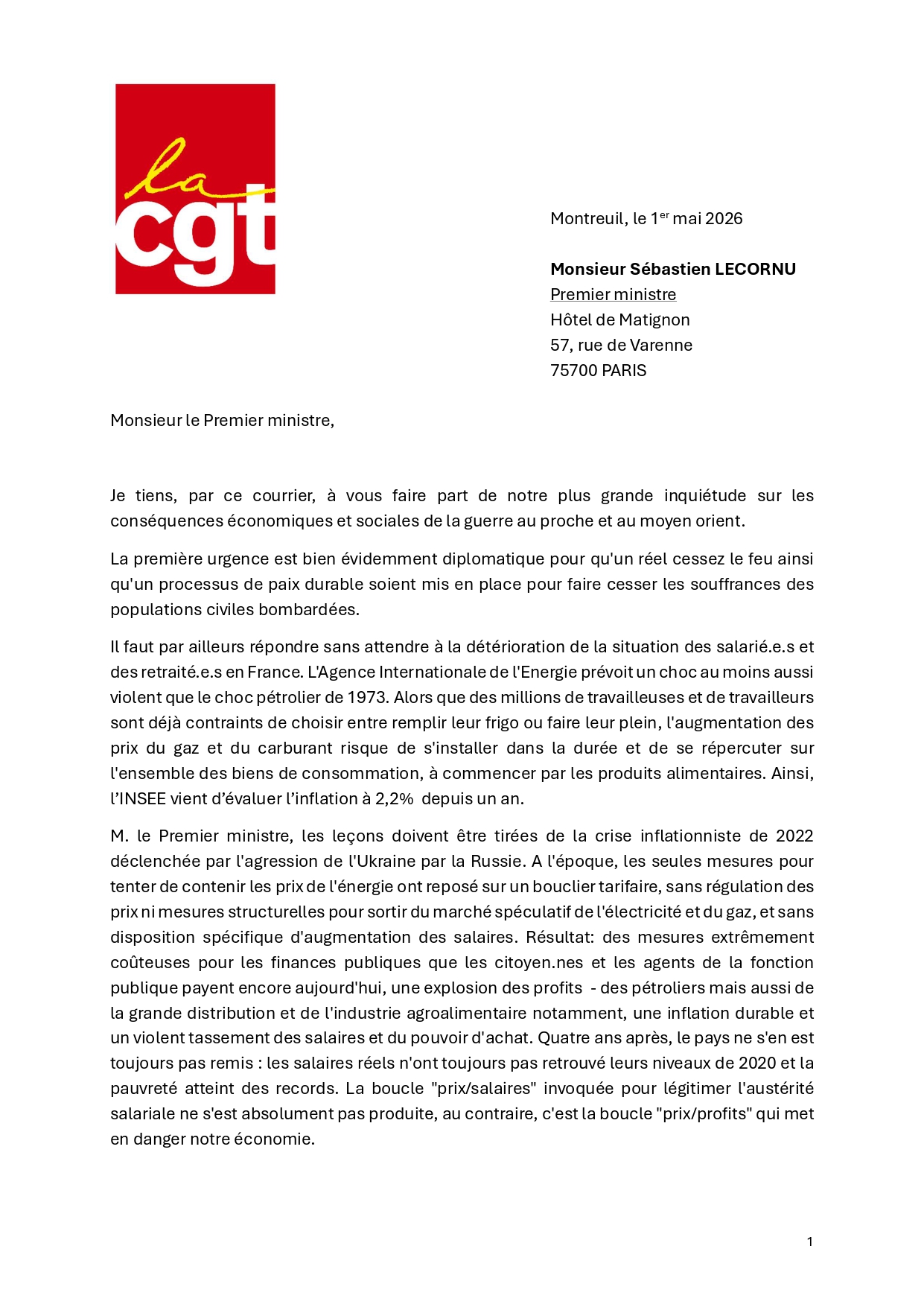 Courrier de la CGT au Premier ministre