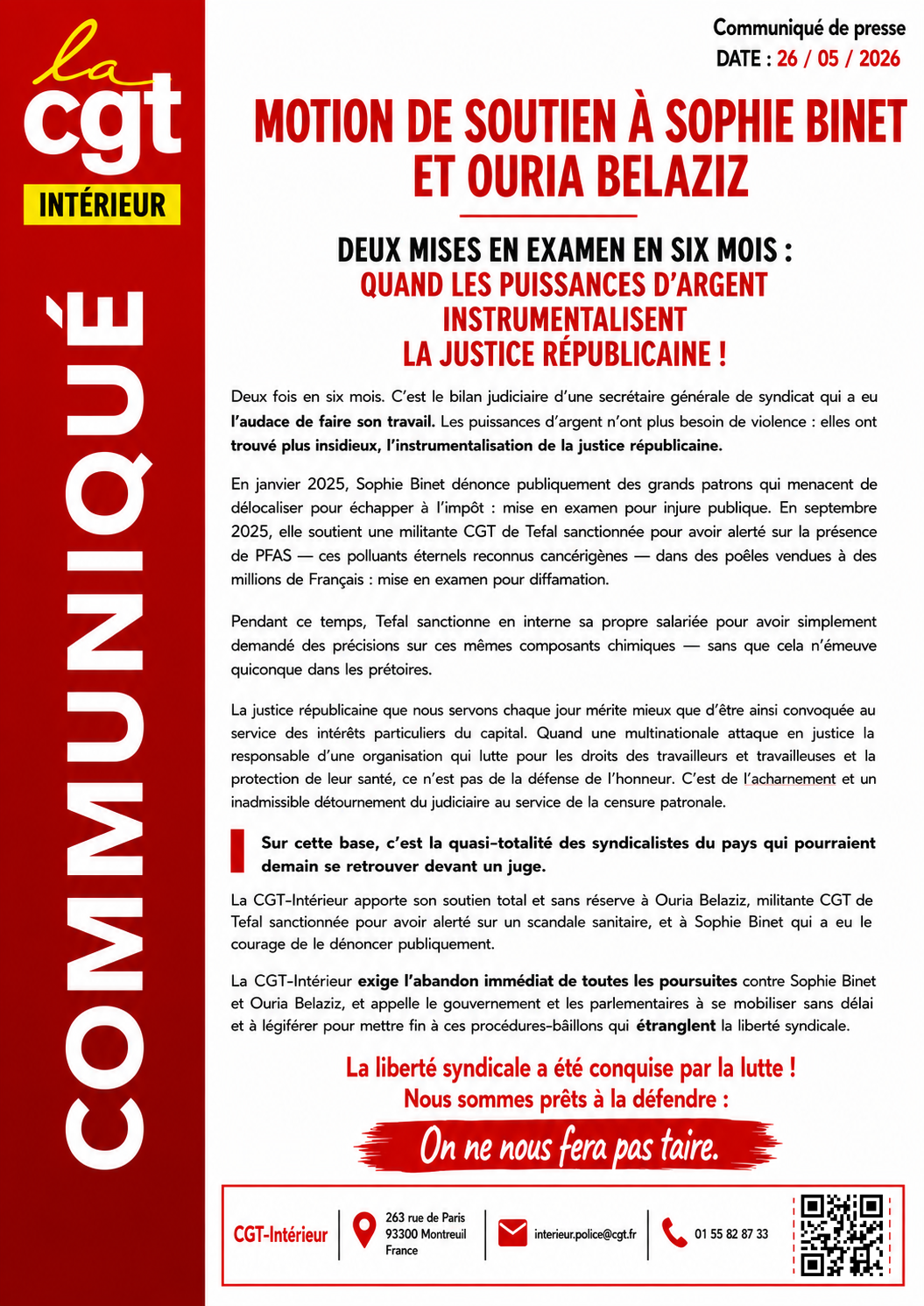Motion de soutien à Sophie Binet et Ouria Belaziz – CGT-Intérieur – 26 mai 2026
