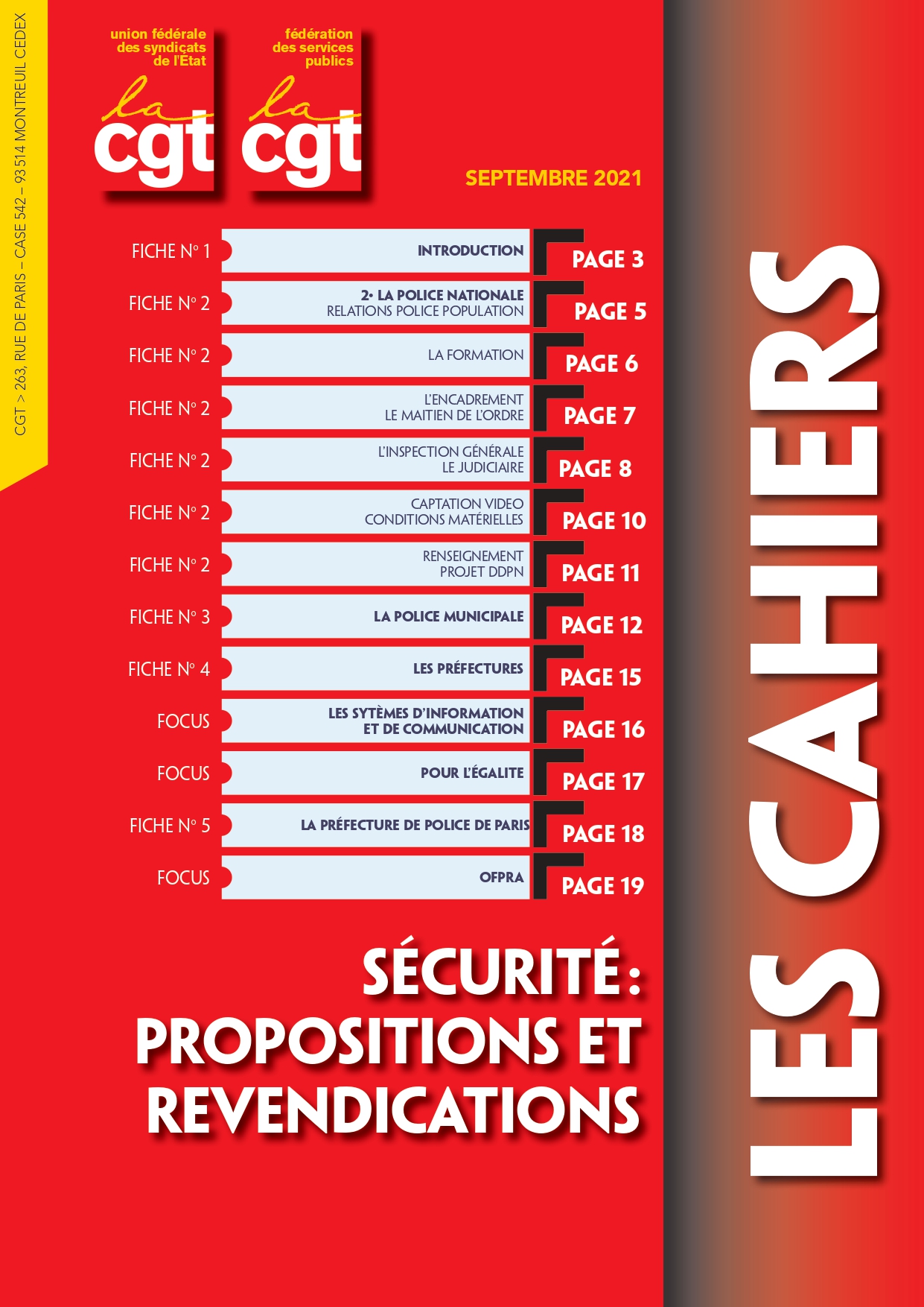 Réforme de la police : couverture du cahier CGT « Sécurité : propositions et revendications » (septembre 2021)