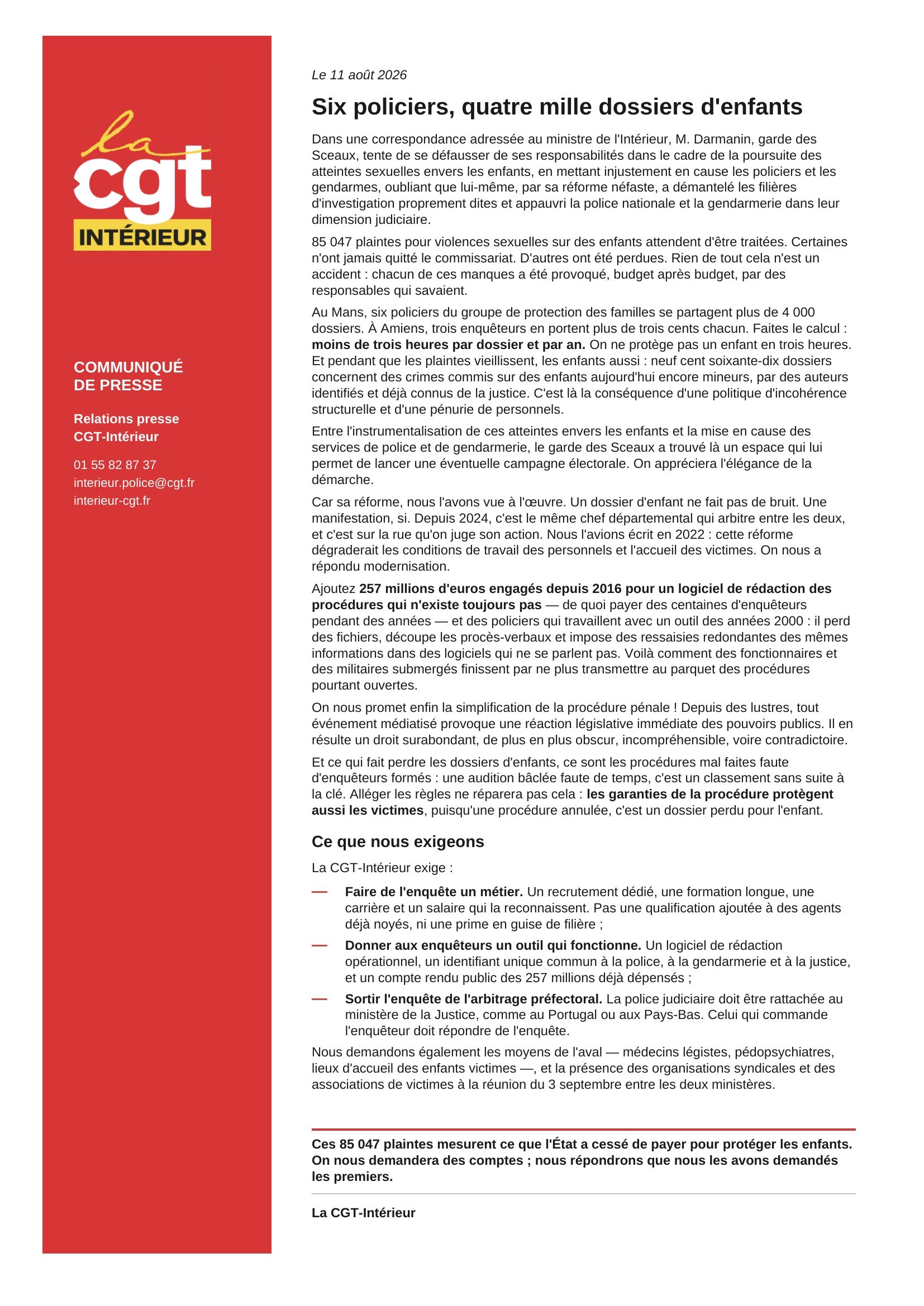 Communiqué de presse de la CGT-Intérieur du 11 août 2026 : Six policiers, quatre mille dossiers d'enfants